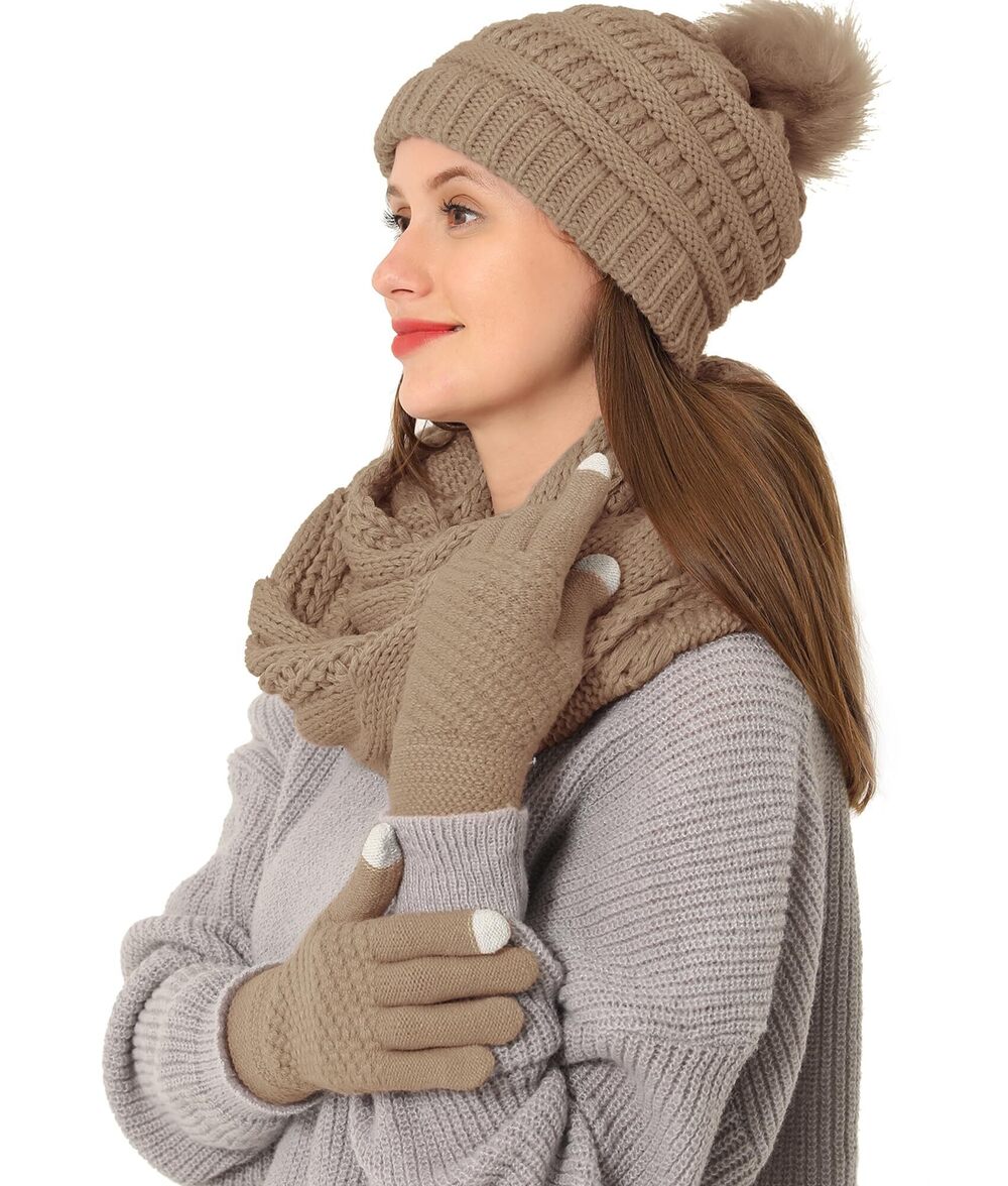 5685 3pcs Winter Beanie Hat Scarf and Touch Screen Gloves Set Knit Hat